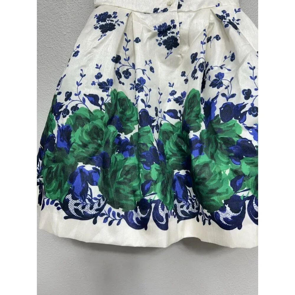 Janie & Jack Floral Dress Sz 3 Satin Ivory Blue & Green Formal Occasion Holiday